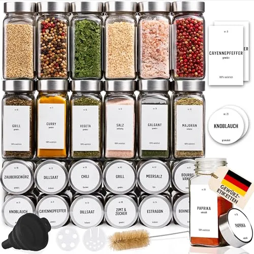 Deco haus® Gewürzgläser eckig mit Schraubkappe 24er Set [+Etiketten & Streueinsatz] - Gewürzdosen Set Glas - Gewürzbehälter Spice Jars - Gewürze Aufbewahrung - Gewürz Organizer Gewürzaufbewahrung
