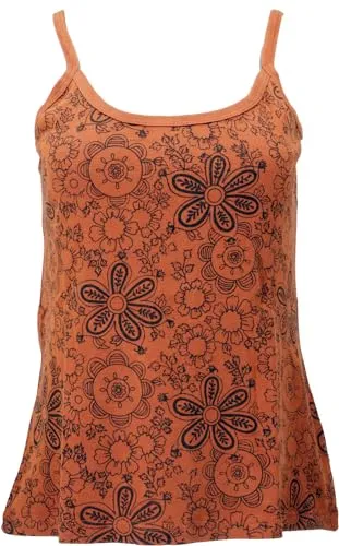 GURU SHOP Yoga Top Blümchen, Boho StonewashTop, Goastyle Sommertop - Rostorange, Damen, Baumwolle, Size:S/M