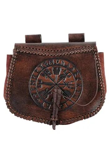 Battle-Merchant Mittelalter Gürteltasche mit Vegvísir-Prägung - Elegante Bauchtasche aus hochwertigem Rindsleder mit detaillierter Vegvísir-Prägung. Ideal für Festivals, Mittelaltermärkte oder den Alltag. Sicherer Halt dank stabiler Gürtellaschen.