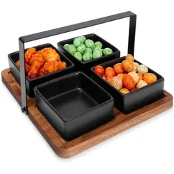 Servierschüssel Set mit Holztablett, 4 Teile - Elegantes Set aus vier Keramiktassen und einem Akazienholztablett. Ideal für die stilvolle Präsentation von Snacks und Dips bei besonderen Anlässen oder im Alltag.