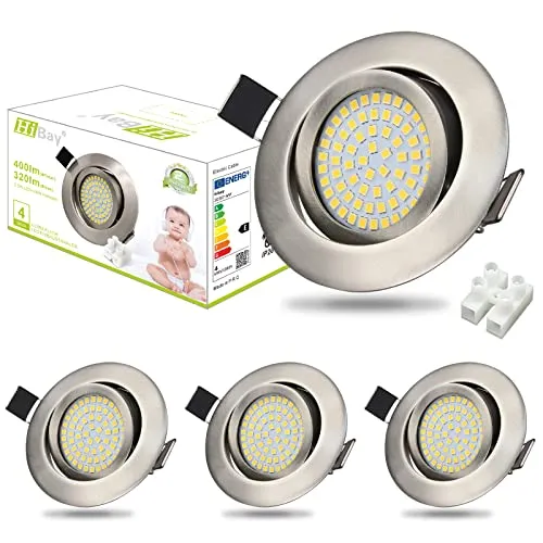 HiBay 4er Set Ultra Flach LED Spot Einbaustrahler - Deckenspots mit 3,5W und 400lm Leuchtkraft, energieeffizient mit A++ und 90% Stromersparnis. Ideal für Arbeitsräume, schwenkbar und mit modernem Edelstahl-Design.