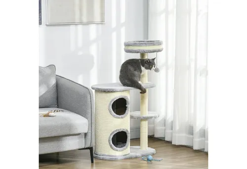 PawHut Kratzbaum mit Kratztonne - Kratzbaum für Katzen mit Sisal-Seilpfosten, mehreren Plattformen und einem hängenden Ballspielzeug. Ideal für das Spielen und Kratzen, schützt Ihre Möbel und bietet einen sicheren Rückzugsort.