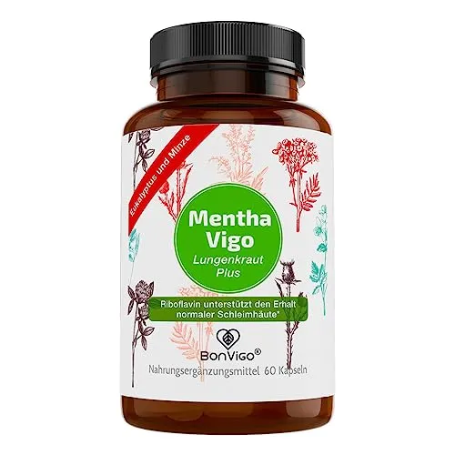 BonVigo® MenthaVigo Lungenkraut & Eukalyptus Kapseln - 60 Stück - Vitamine, Mineralien & Ergänzungsmittel. 11 Pflanzen-Extrakte unterstützen die Schleimhäute und das Immunsystem. 100% natürliche Inhaltsstoffe ohne Chemie für optimale Gesundheit.