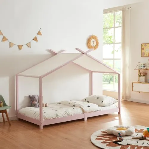 [en.casa] Kinderbett Brome Hausbett 90 x 200 cm - Bettenhaus aus massivem Kiefernholz mit abnehmbarem Stoffdach – sicherer Rückzugsort für kleine Träumer und ideal für fantasievolle Nächte!