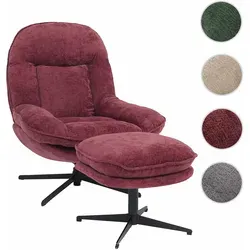 Relaxsessel mit Hocker HWC-P32, Fernsehsessel Nosagfederung, drehbar Metall Stoff/Textil Chenille (370 g/m2) ~ beere