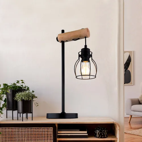 Tischlampe Nachttischleuchte Holzleuchte schwarz verstellbar - Tischleuchte aus mattschwarzem Metall und Holz, individuell anpassbar mit E27-Leuchtmittel für perfekte Lichtstimmung, ideal für stilvolle Innenräume.