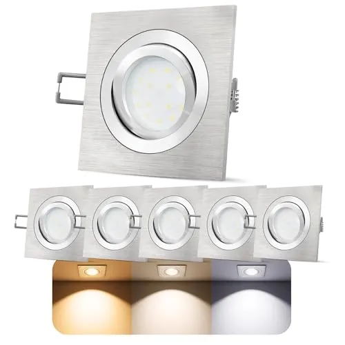 SSC-LUXon 6 Stück LED-Einbaustrahler QF-2 schwenkbar Alu gebürstet für Deckeneinbau 4W LED Modul LumiFLEX Lichtfarbe warm/neutral/kalt 230V ohne Trafo