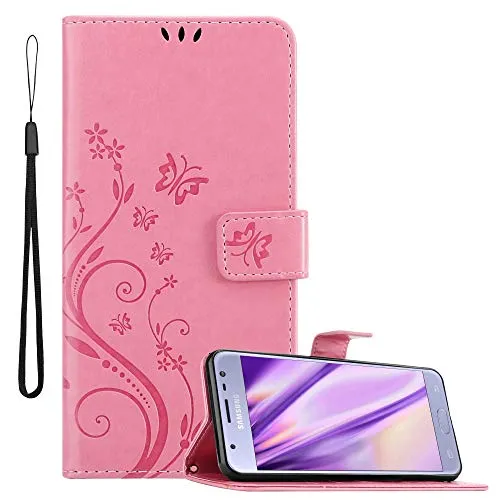 Cadorabo Hülle kompatibel mit Samsung Galaxy J3 2017 Blumen Design aus Kunst Leder Flip Klappbare Stoßfeste Magnetische [Standfunktion] [Kartenfächern] Cover Hülle für Galaxy J3 2017 Tasche in Rosa
