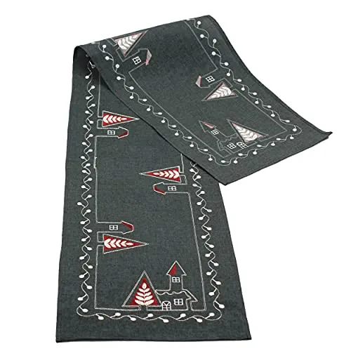 Tischläufer Tischdecke 35 x 170 cm Weihnachten Stickerei Mitteldecke Weihnachtsdeko Tisch Tannenbaum Schneemann Kirche Weihnachtstisch (Motiv Kirche)