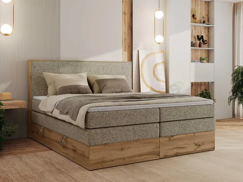 MKS MEBLE Boxspringbett WOOD CLASSIC KING - Doppelbett 140x200 cm mit zwei hochwertigen Multipocket-Matratzen, inklusive Topper für optimalen Schlafkomfort. Praktische Bettkästen bieten zusätzlichen Stauraum und das gepolsterte Kopfteil sorgt für eleganten Halt.
