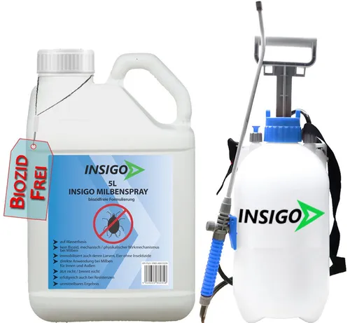 INSIGO Milbenspray mit 5L Drucksprüher – Effektive Milbenbekämpfung - Das INSIGO Milbenspray bietet eine einfache Lösung zur Bekämpfung von Milben in Matratzen, Teppichen und Polstern. Es ist geruchsneutral, hinterlässt keine Flecken und ist sicher für empfindliche Oberflächen.