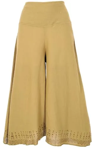 GURU SHOP Palazzohose - Bedruckte Boho Sommerhose in Curry - Damen-Hosen, handbedruckte 3/4 Palazzohose aus Baumwolle, ideal für Strand, Yoga oder Bummeln, mit elastischem Bund für hohen Tragekomfort.