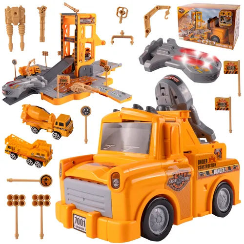 Malplay Garagenkran Autorennbahnset verwandelt Baggerroboter Gelb ab 3 Jahren