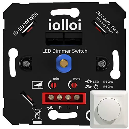 iolloi Dimmschalter, LED Dimmer Schalter Unterputzdosen Drehdimmer für Lichtquellen, 230V, 5–300W (Mit Abdeckung & Klemmkrallen, LED 300W)