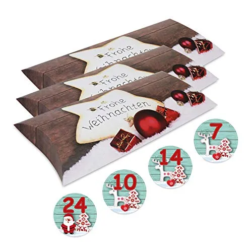 Adventskalender Stern 25 Kissenverpackungen mit 24 Zahlenaufklebern, Weihnachtskalender zum Befüllen