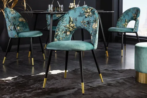 Riess Ambiente Design Stuhl PRÊT-À-Porter - Esszimmerstuhl aus hochwertigem türkis Samt mit floralem Muster und eleganten goldenen Fußkappen für ein glamouröses Retro-Flair. Belastbarkeit bis 120 kg, ideal für stilvolle Essbereiche.