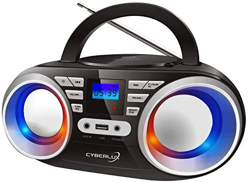Tragbarer CD-Player mit LED-Disco-Lichtern - Kompaktanlage in Schwarz-Silber, spielt CDs, USB und FM-Radio, ideal für Partys und Zuhause