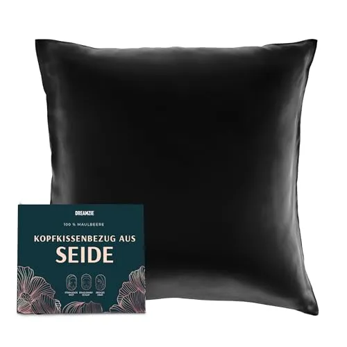 DREAMZIE Seidenkissenbezug 40x40 cm für Haar und Haut, Kissenbezüge Seide 19 Momme (Schwarz, 1 Stück)