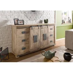 Massivmoebel24 Sideboard Mango RAILWAY - Sideboard im Industrial Design (170x45x90), hochwertiges Mango-Vollholz mit Schiebetüren und viel Stauraum, ideal für einen angesagten Used-Look in jedem Wohnraum.
