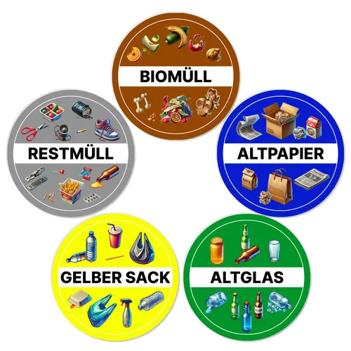 Aufkleber Mülltonne Mülltrennung 9 cm 5 Stück Sticker