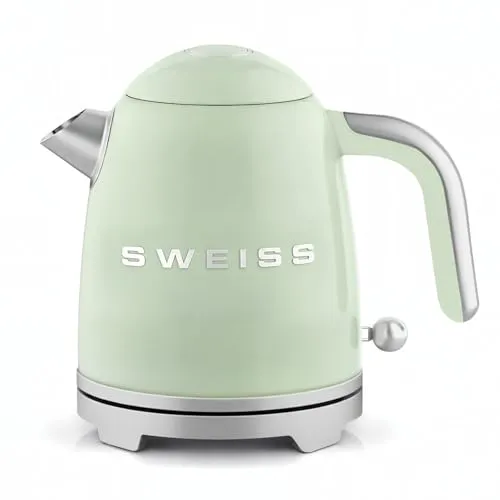 SWEISS Elektrischer Wasserkocher im Vintage-Stil, 1 l, kompakter Edelstahl, 1000 W, schnelles Kochen, sichtbarer Wasserstand und Skala, automatische Abschaltung, 360° drehbarer Boden, Grün