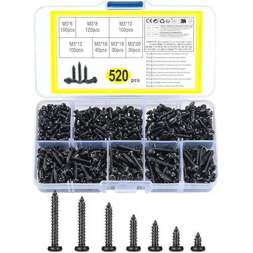 Stk. selbstschneidende Schrauben, Kreuzschlitzschrauben, schwarze Kohlenstoffstahl Holzschrauben, selbstbohrende Senkkopfschrauben für Kunststoff, Holz, Weichmetall 520