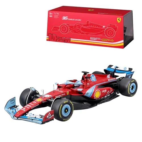Bburago Formel 1 Ferrari SF-24 Miami-Version Deluxe Edition (2024): Modellauto im Maßstab 1:18, von Fahrer #16 Charles Leclerc, Hardcase 35,9 cm, rot (18-16821-1)