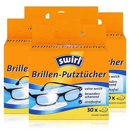 Swirl Brillen-Putztücher 30 einzeln verpackte Tücher in Spenderbox - Anti-Beschlag-Effekt - Extra weich und schonend - Fettlösend - Streifenfrei (4er Pack)