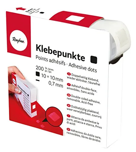 Rayher Hobby 30057000 Klebepunkte, transparent, 10 x 10 mm, 0,7 mm, Rolle 200 Stück in Spenderbox, doppelseitig klebend, quadratisch, wieder ablösbar, säurefrei, lösungsmittelfrei