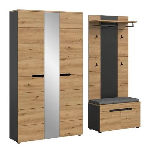 xonox.home – Garderobenkombination Canu 200x190x37 cm in Artisan Eiche & Basaltgrau – 4-teiliges Set - Praktische 4-tlg. Garderobenkombination Canu mit Schrank, Sitzbank und Paneel. Ideal für Flure und Eingangsbereiche, bietet viel Stauraum in modernem Design. Pflegeleicht und einfach zu montieren, für eine stilvolle Organisation.