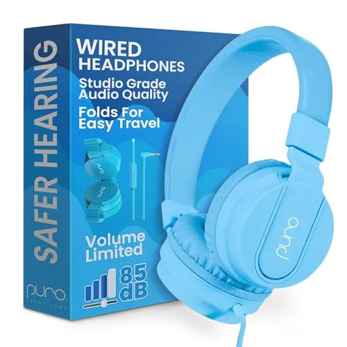 Puro Sound Labs PuroBasic Volume Limiting Wired Headphones for Kids, Boys, Girls 2+ Foldable & Adjustable Headband, Compatible with iPad, iPhone, Android, PC & Mac – By, (Blau)