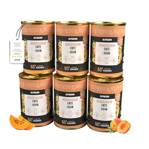 alphazoo Nassfutter Hund mit Ente + Huhn 6×400g – proteinreiches Nassfutter für Junior Hunde – getreidefreies Premium Hundefutter mit natürlichen Zutaten – ausgewogen & Made in Germany