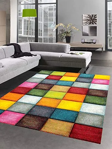Carpetia Karo Teppich modern für Wohnzimmer - Kurzflor-Teppich mit buntem Karo-Design, pflegeleicht und robust, ideal für jeden Raum.