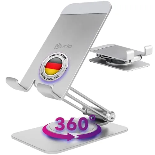 Prio® Aluminium Handy Ständer | 360° drehbar, verstellbar & klappbar | Stabiler Tischständer für Smartphone & Tablet | Silber