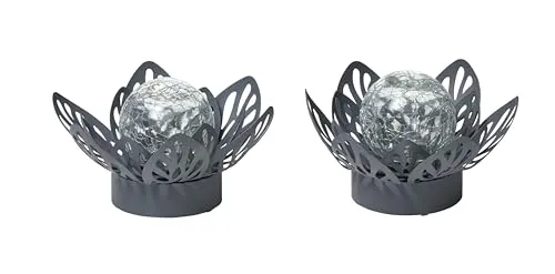 Northpoint LED Lotus Wasserlilie Timer Metall Glaskugel Stanzmuster Solar Batterie Garten Außenbereich Teichbeleuchtung (Batterie 2er-Set grau mit Muster)