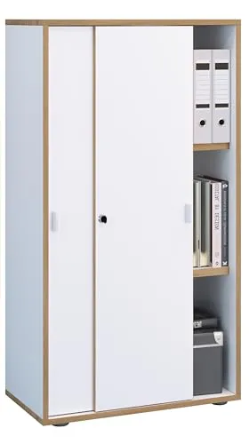 VCM Salia Büroschrank mit 3 Fächern - Moderner Aktenschrank mit abschließbaren Schiebetüren, höhenverstellbaren Fachböden und Platz für ca. 21 Ordner – ideal für den Schutz Ihrer Dokumente im Homeoffice.