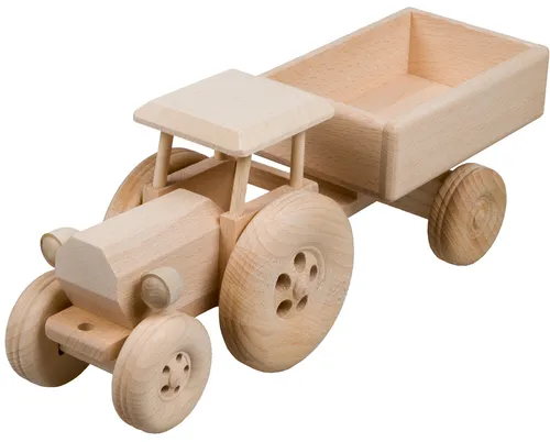 Trecker mit Anhänger Traktor Bauernhof Holztrecker Schlepper Buchenholz L 34 cm