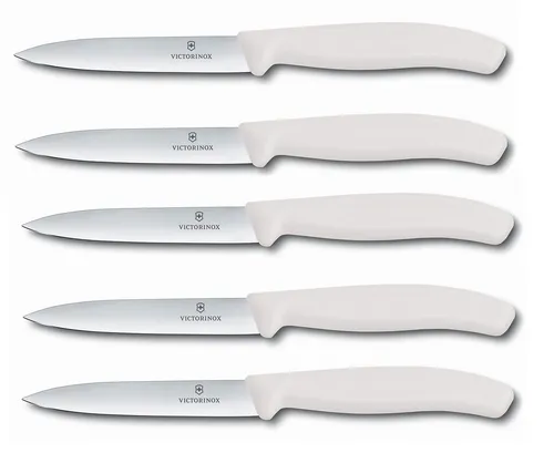 Victorinox Swiss Classic Gemüsemesser 5er Set Weiß 10 cm - Hochwertiges 5er Set Gemüsemesser von Victorinox mit 10 cm Klingenlänge. Ideal zum Schneiden von Gemüse dank extra scharfem Schliff. Die trendigen Farben und die Spülmaschinenfestigkeit machen die Messer zum perfekten Küchenhelfer.