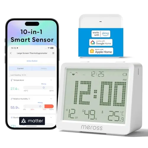 Meross 10-in-1 Matter Hygrometer Thermometer Innen, WLAN Wetterstation Ausgestattet mit Benachrichtigung, Smart LCD Temperatursensor und Matter Hub, Kompatibel mit Apple HomeKit, Alexa, Google Home