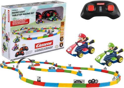 Carrera 370430015 2,4GHz Mario Kart(TM) Tabletop Racing Set - Mario - Tisch-Rennspiel mit offizieller Mario Kart Lizenz, 60 individuell kombinierbare Streckenelemente und zwei detailgetreue Mini-RC-Fahrzeuge für spannende Rennen ab 6 Jahren.