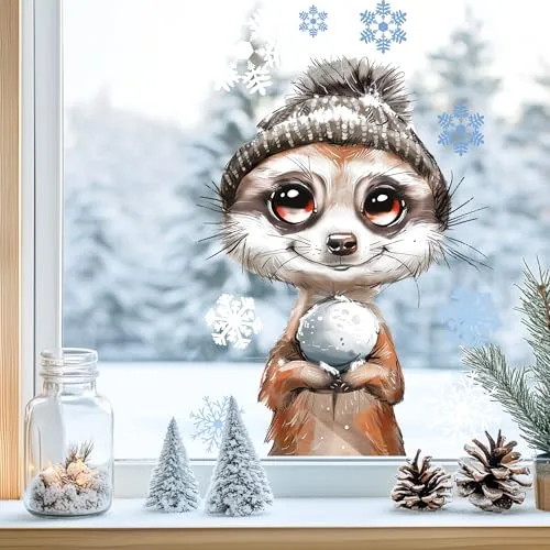 Sunnywall Fensterbilder Winter für Kinder Tiermotive in Winterszene als statisch haftende Fenstersticker, WIEDERVERWENDBAR (Erdmännchen, A4 Bogen)