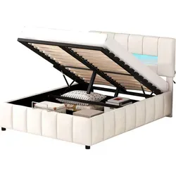 Beige Polsterbett 140x200cm mit LED-Beleuchtung