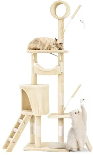 VOUNOT® Kratzbaum Katzenbaum 155 cm hoch, Stabil Mehrstöckiger Kletterbaum Katzenkratzbaum mit Kratzsäulen Plattformen Höhle Hängematte Treppe Spieltunnel und Spielzeug, Beige