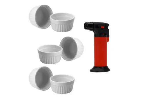 ToCi Auflaufform 7er Set mit Flambierer - 6x Creme Brulee Schälchen - Vielseitiges Set mit 6 Keramik-Schälchen (Ø 9 cm) und Flambierer, ideal zum Zubereiten und Servieren von Desserts und Tapas. Hitzebeständig bis 280°C und spülmaschinenfest.