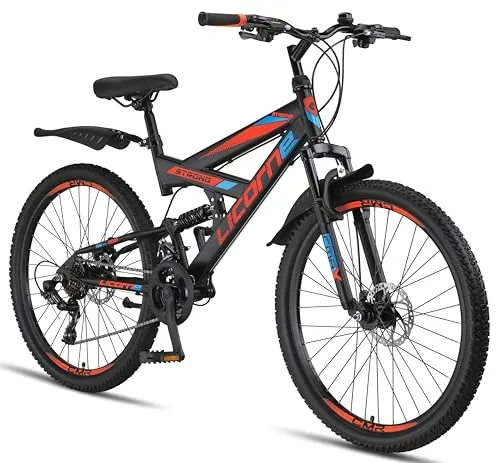 Licorne Bike Strong D Premium Mountainbike 26 Zoll - Vielseitiges Fahrrad für alle - Fahrrad für Jungen, Mädchen, Damen und Herren mit leistungsstarker Shimano 21 Gang-Schaltung und vollfederung für höchsten Fahrkomfort und Abenteuerlust.