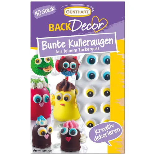 BackDecor 40 Stück | Kulleraugen aus Zucker | bunt | blau | gelb