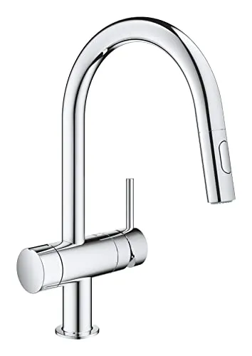 GROHE Minta - 1 Hebel Küchenspüle Ausziehbare Doppelbrause Mischbatterie mit integriertem Absperrventil (hoher C-Auslauf, 90° Schwenkbereich, 46mm Keramikkartusche, Schwänze 3/8 Zoll), Größe 379mm,