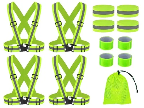 Hitopin 4PCS Reflektierende Warnweste Einstellbar, 4PCS Reflektierendes Armbands, 4PCS Reflektorbänder Schnapparmbänder Con Netzbeutel, Reflektorbänder Warnweste, Reflektierende Sicherheitsweste Set
