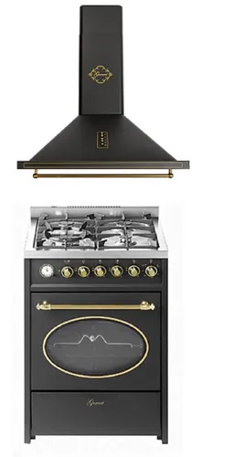 GURARI Gas-Standherd GCH G 614 BL+GCH 975 Bl 6, mit 1-fach-Teleskopauszug, Gas Standherd 60 cm /55 L+Retro Dunstabzugshaube 60cm, 850m³/h