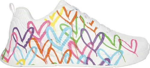 Skechers UNO LITE HEART HEARTS Damen Sneaker - Modische Damen Sneaker mit einzigartigem Herzmotiv von James Goldcrown, ausgestattet mit Skechers Air-Cooled Memory Foam® für optimalen Komfort und eine stylische Plateau-Zwischensohle.